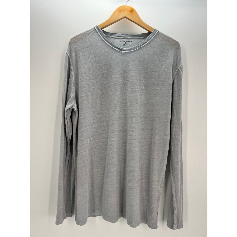 Martin Gordon Mens Gray 100% Linen Long Sleeve V-Neck T-Shirt Size Medium